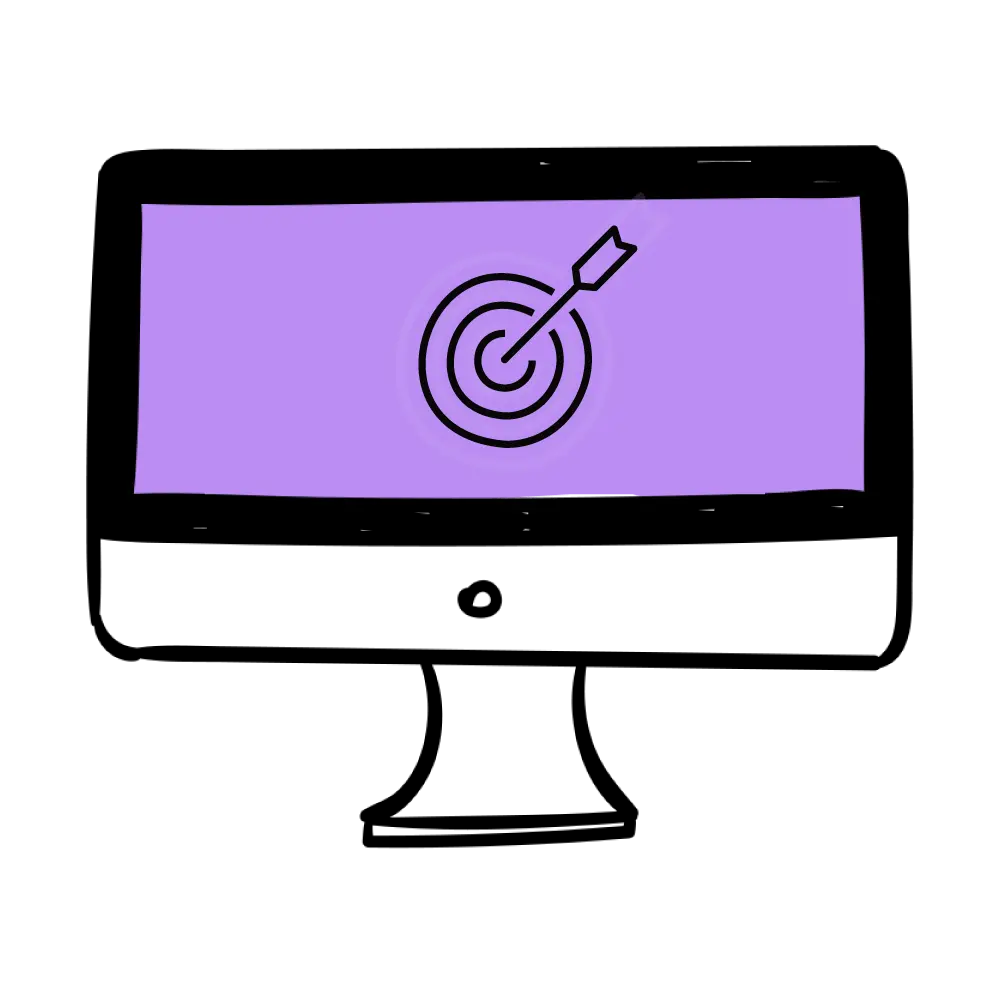 Ilustración de una computadora portátil con una pantalla violeta que muestra un ícono de un objetivo con una flecha en el centro, representando precisión o éxito en una meta.