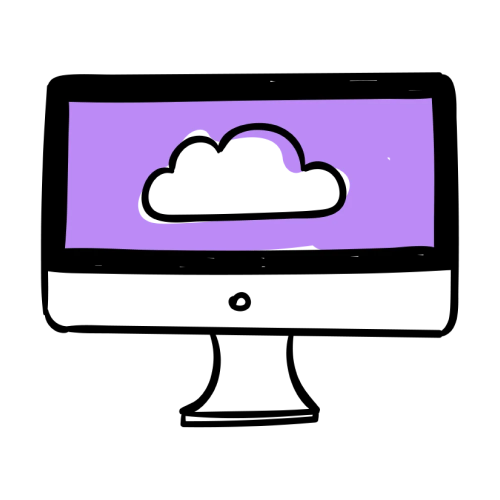 Ilustración de una computadora portátil con una pantalla violeta que muestra un ícono de una nube, representando una web institucional.