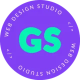 Logo circular violate con las siglas GS en color verde propio de la marca y hacia alrededor las siglas Web Design Studio
